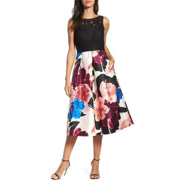 Ellen Tracy Arcadia Print Black Lace Pink Blue Floral Fit and Flare Midi Dress - Picture 1 of 13